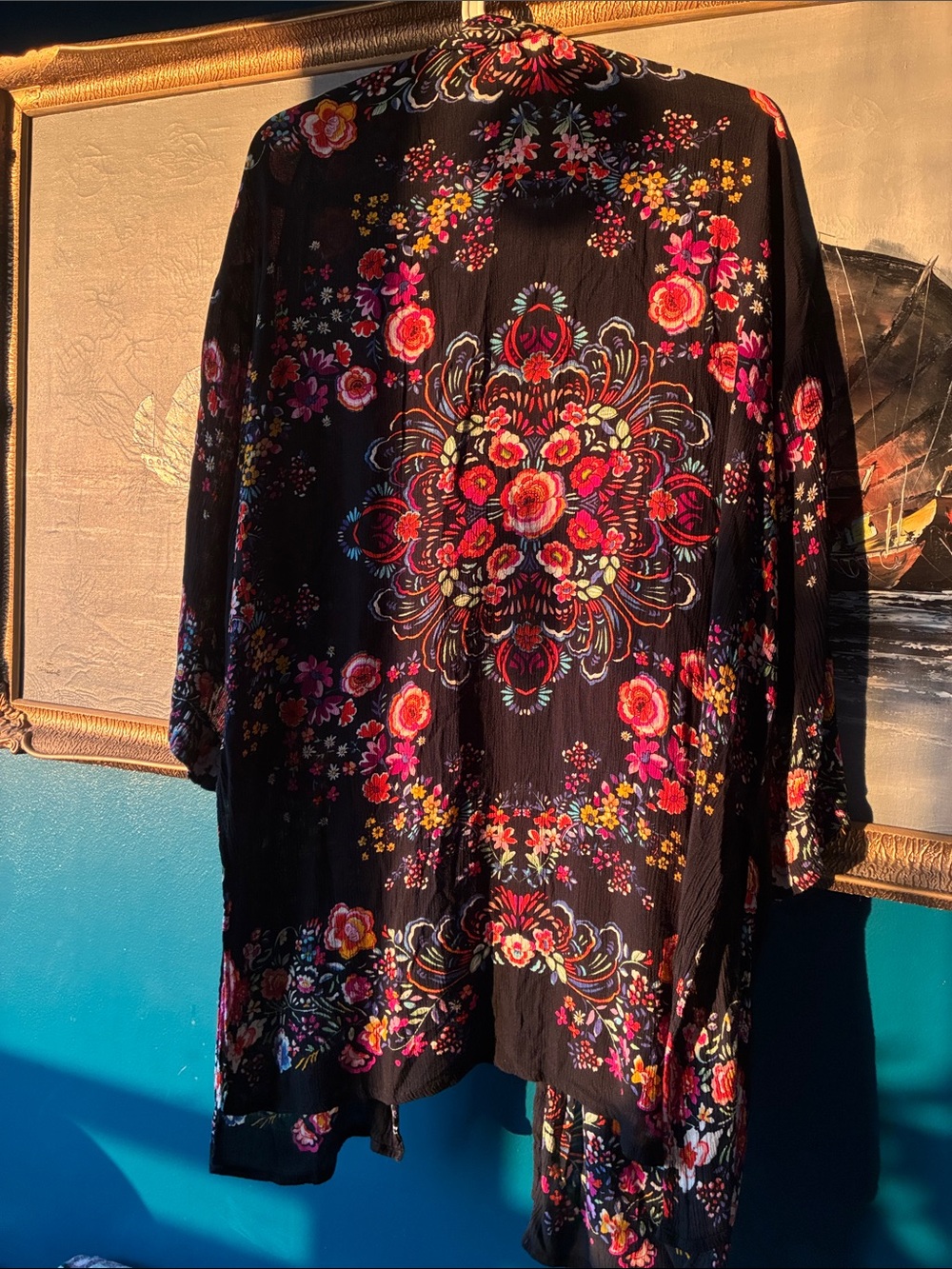 Patrons of Peace Black Floral Open Front Kimono with Multicolor Blooms - Picture 2 of 7